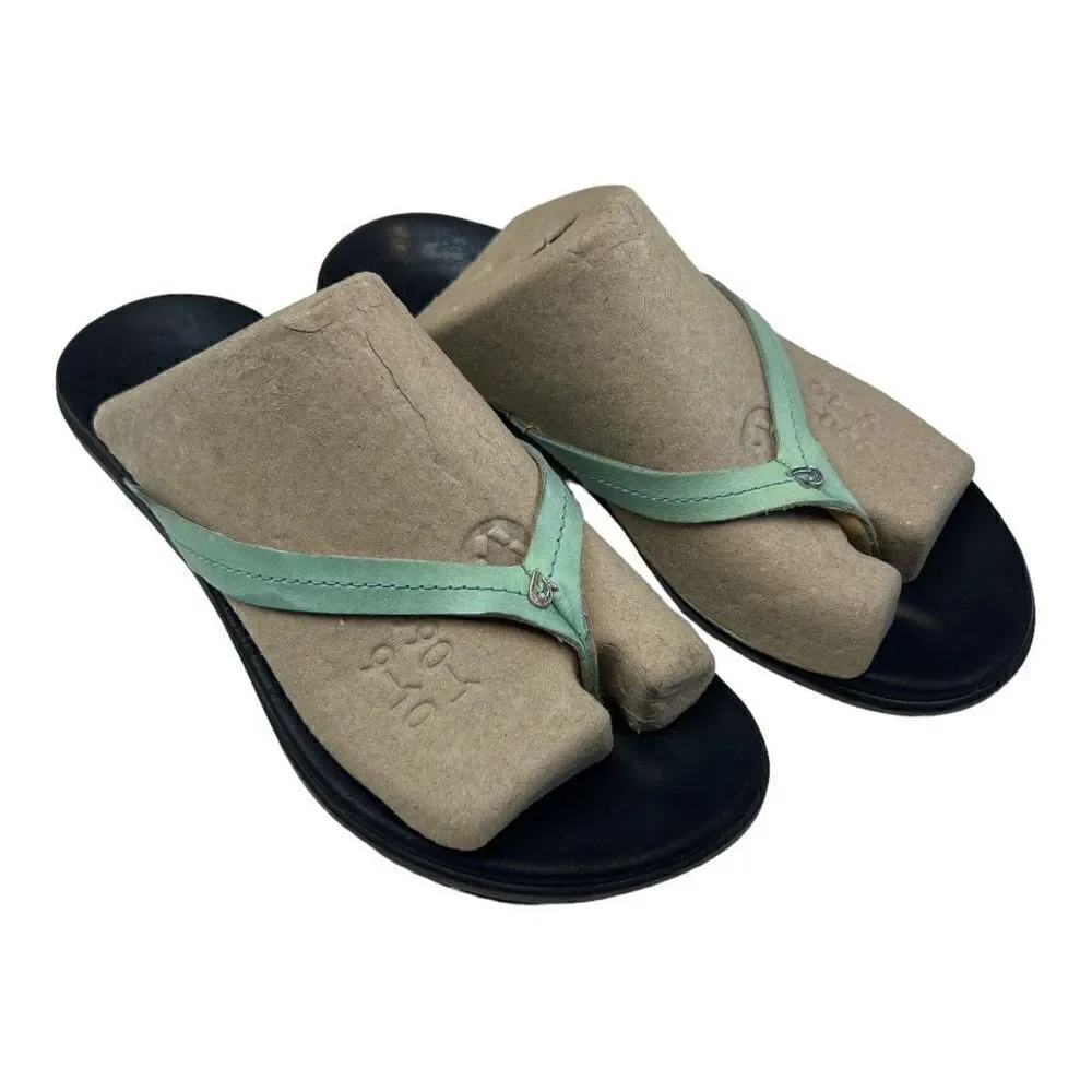 OluKai Womens Slip On Leather Flat Heel Flip Flop Sandals Black Blue Blue Sz 7 W